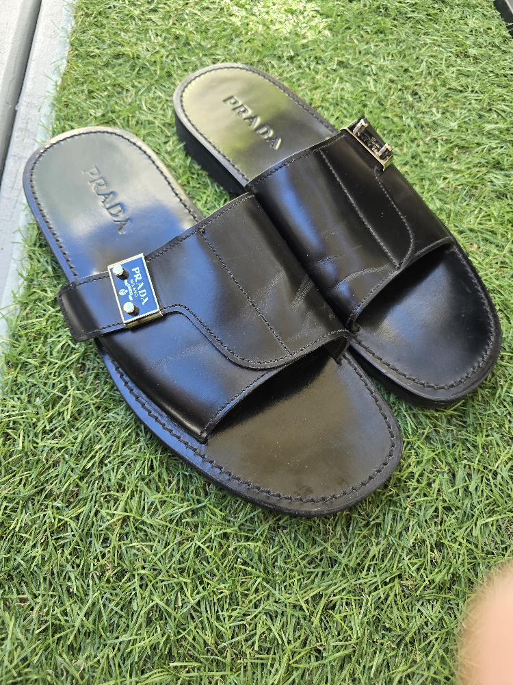 Prada Black Leather Slides - Size 10