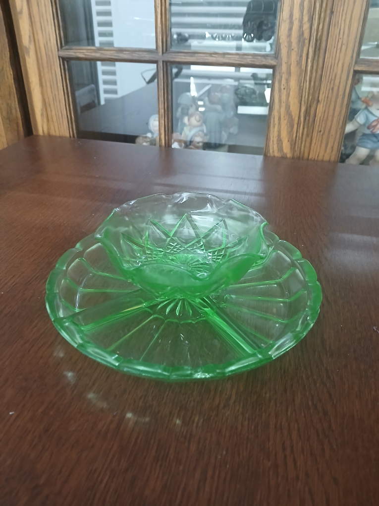Vintage Uranium Glass Bowl & Plate Set