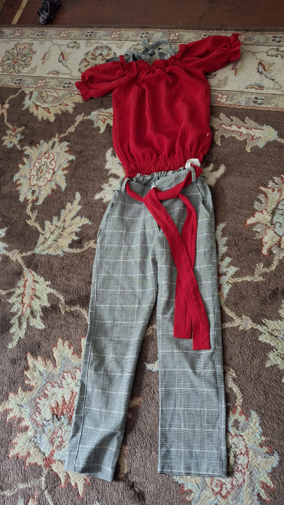Girls' Red Top & Plaid Pants Set