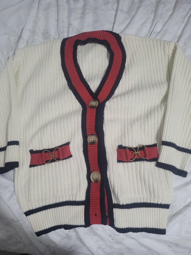 Cream Cardigan with Red and Navy Trim