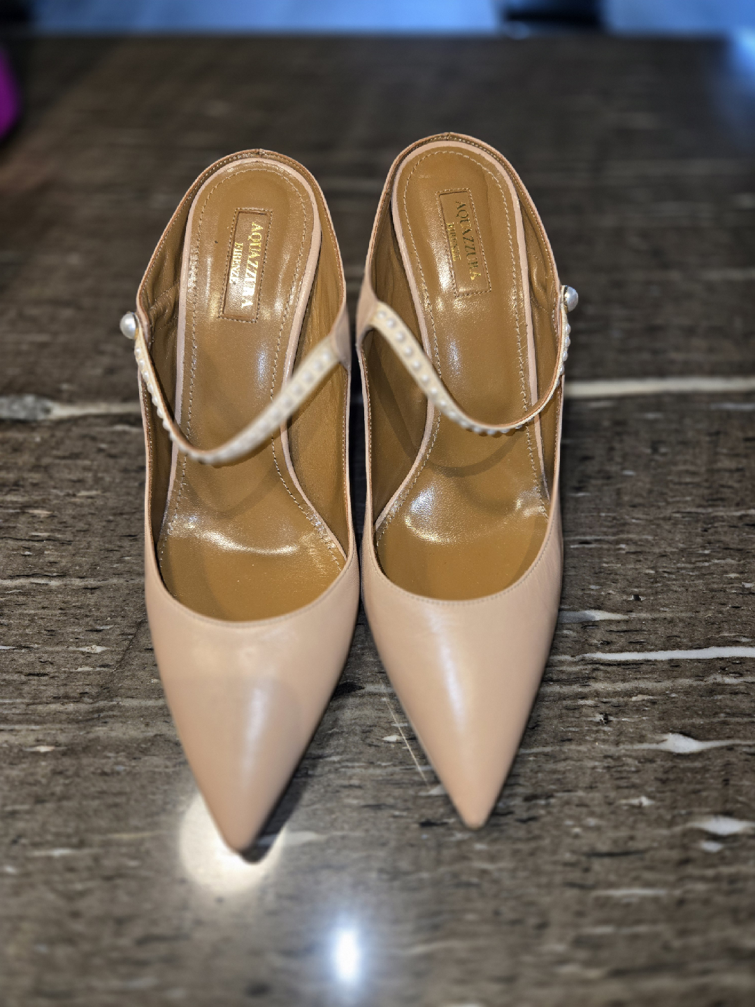 Aquazzura Pearl Embellished Leather Mules Size 41