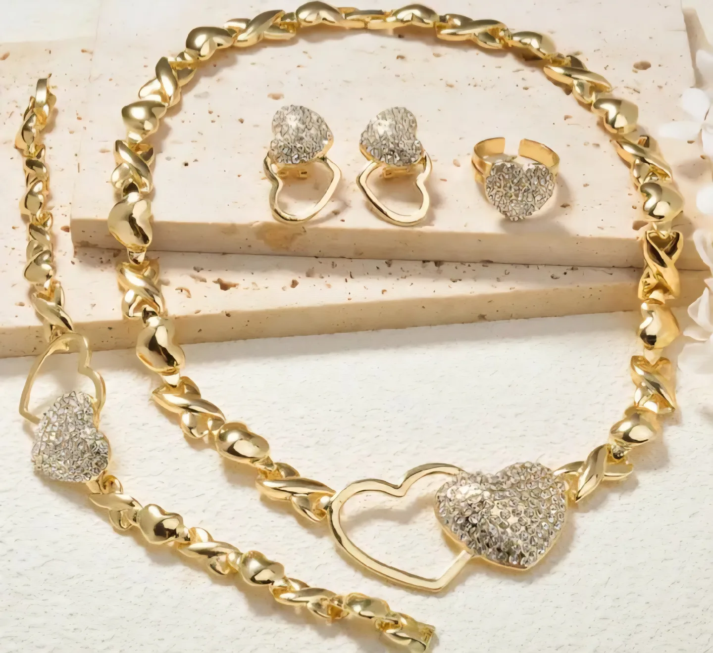 Gold Heart Jewelry Set - Necklace, Bracelet, Ring, Earrings image indicator(8)