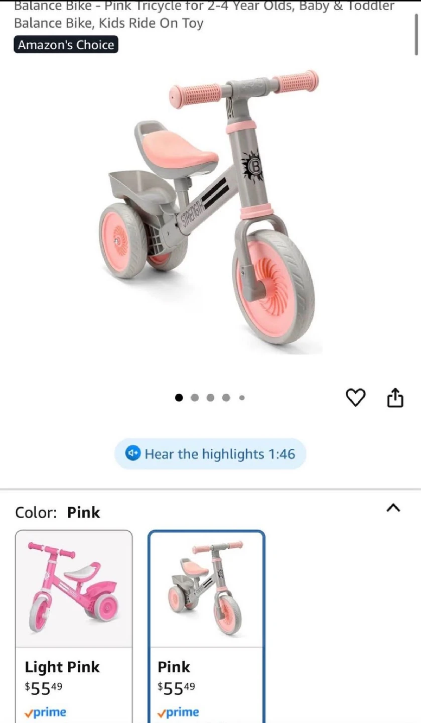 Pink Balance Bike - Tricycle for 2-4 Year Olds