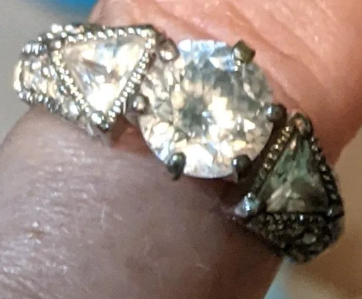 Silver tone Ring with Round and Triangle Stones thumbnail