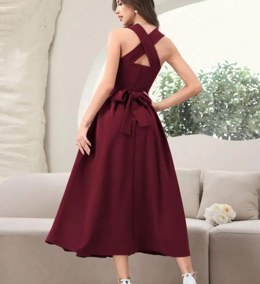 Burgundy Midi Dress - Crisscross Back, Size Small