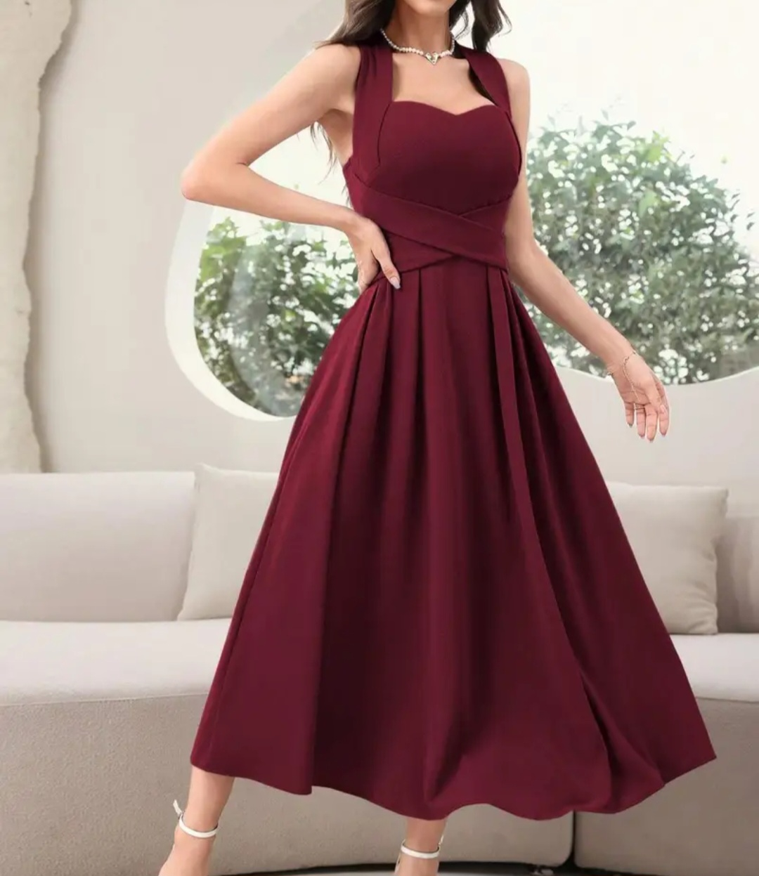 Burgundy Midi Dress - Crisscross Back, Size Small - photo 3
