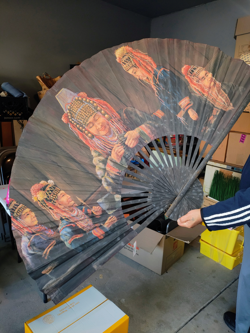 oversized hand-painted fan wallhanging