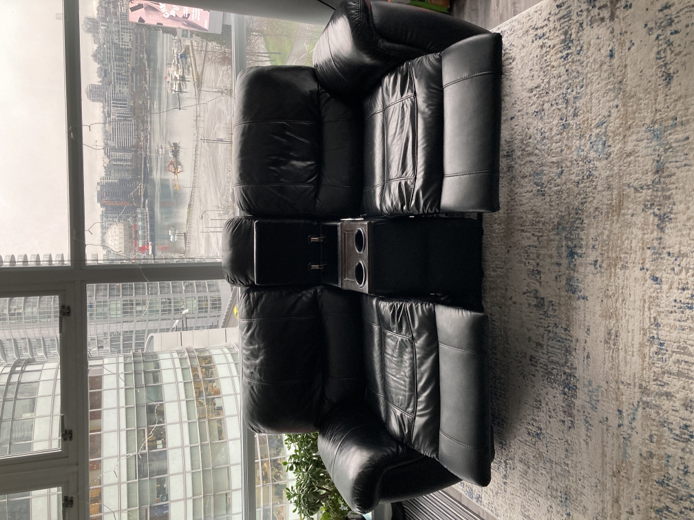 Black Leather Loveseat Recliner with Console - photo 2