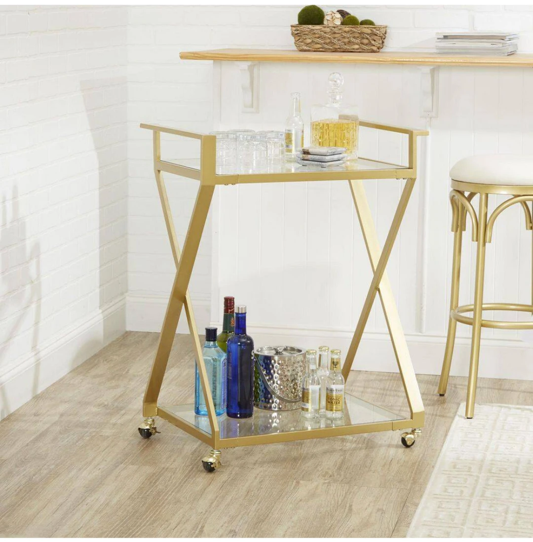 Gold Bar Cart with Glass Shelves
