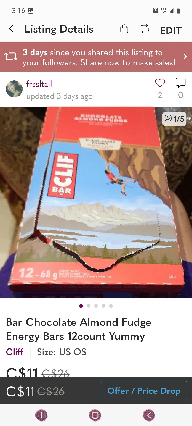 Cliff Bar Chocolate Almond Fudge Energy Bars 12 Count