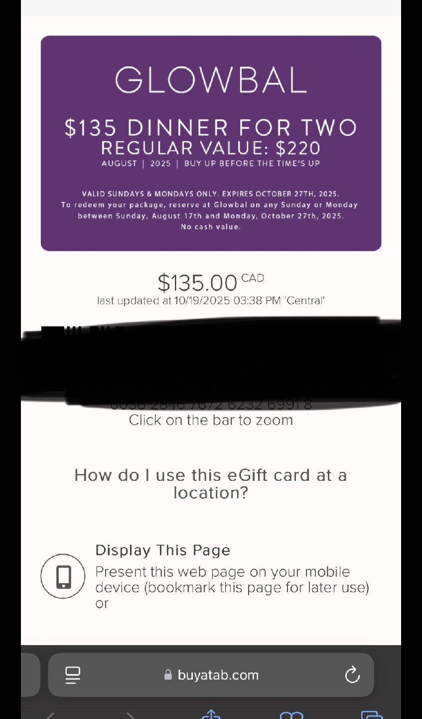 레스토랑 기프트카드 판매. Glowbal Restaurant $135 Giftcard - photo 3