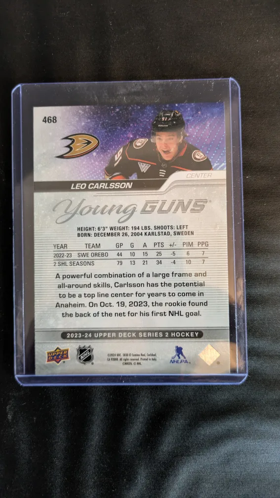 Leo Carlsson Upper Deck Young Guns Hockey Card image indicator(2)