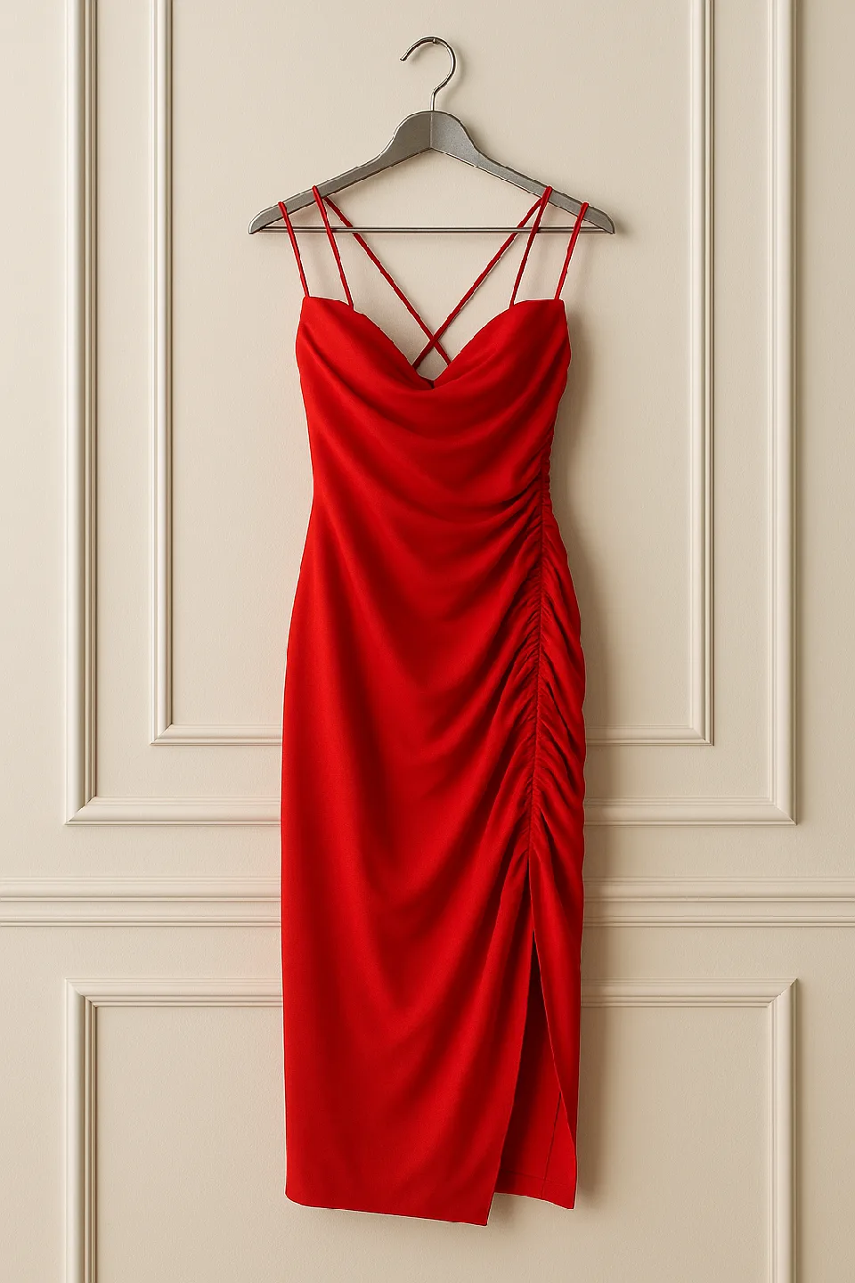 Zara Red Ruched Bodycon Midi Dress thumbnail