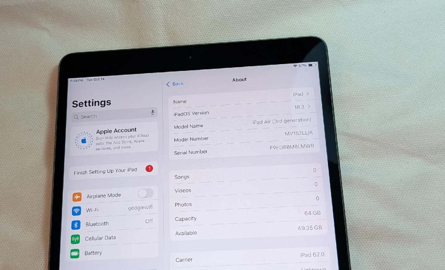 Very Nice APPLE iPad AIR 3 64GB WIFI + 4G  10.5 inch iOS26 image indicator(2)