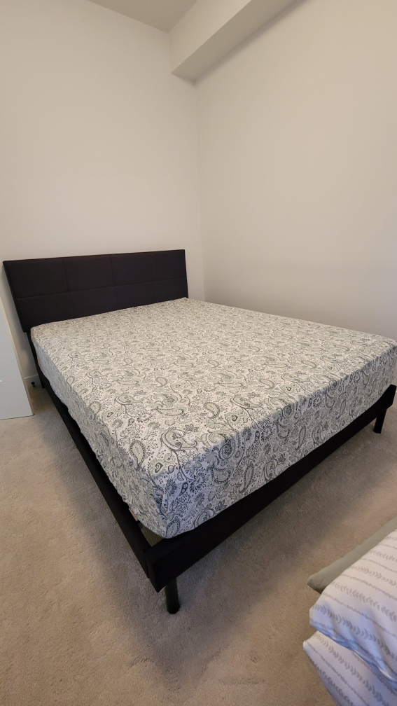 Queen  bed frame and12 Inch mattress and free  night stand