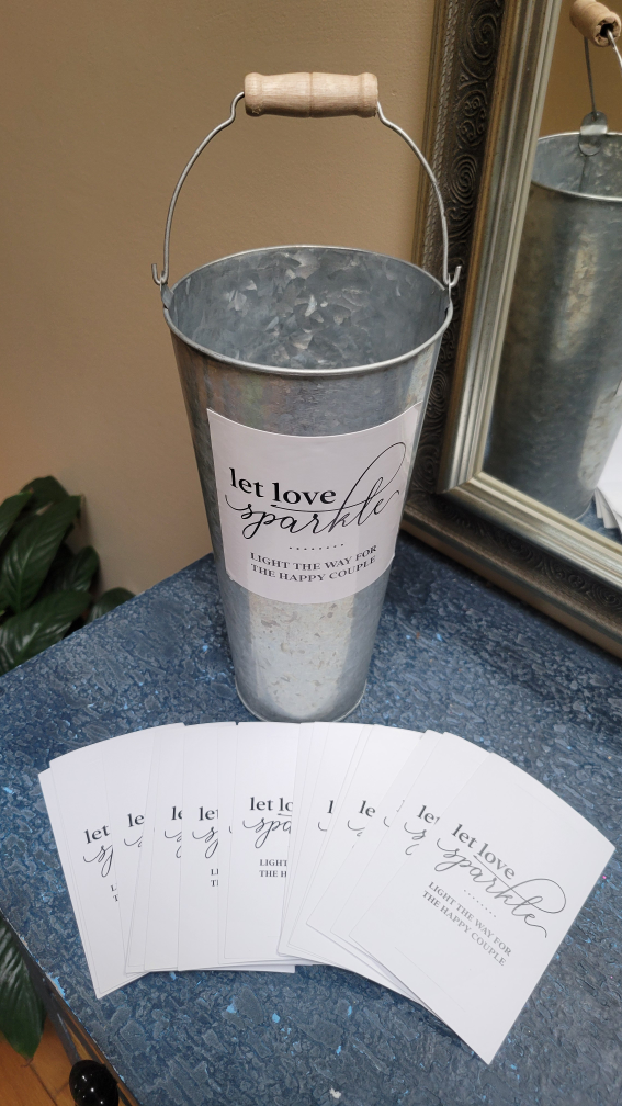 Brand New Metal Bucket W/20 'Let Love Sparkle' Card Signs