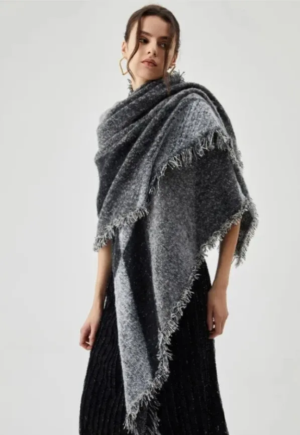 Brand New Grey Wool Blend Fringe Scarf Shawl image indicator(8)