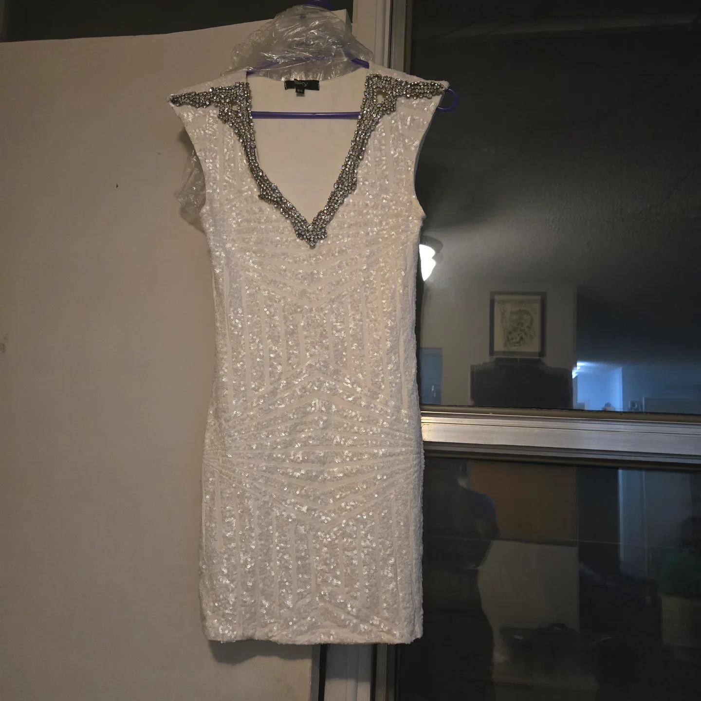 White Sequin Dress with Embellished Neckline