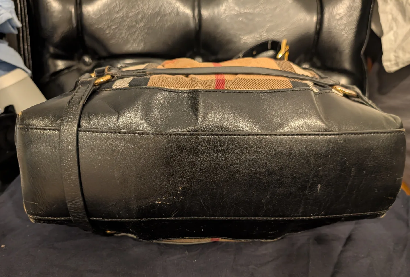 Burberry London Black Leather & Check Tote Bag image indicator(4)