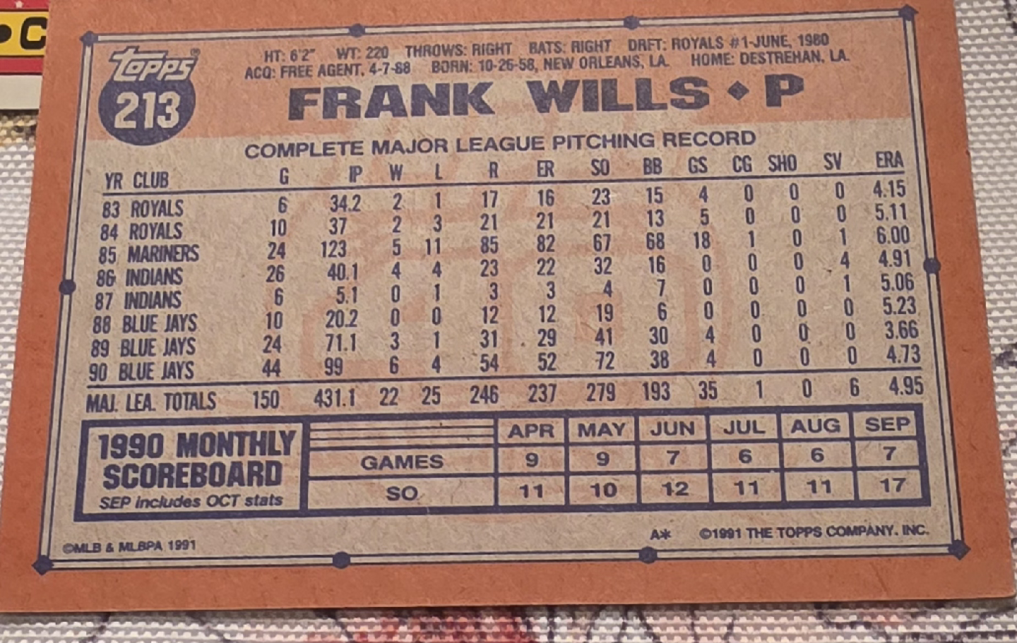 Topps Frank Wills of the Blue Jays Baseball Card - photo 2