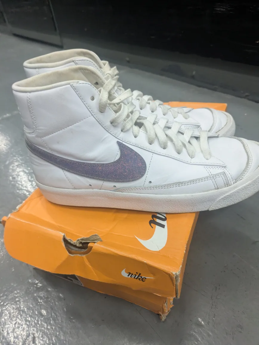 Nike Blazer High Top White Canyon Purple Gray Fog Sneakers  9.5 thumbnail