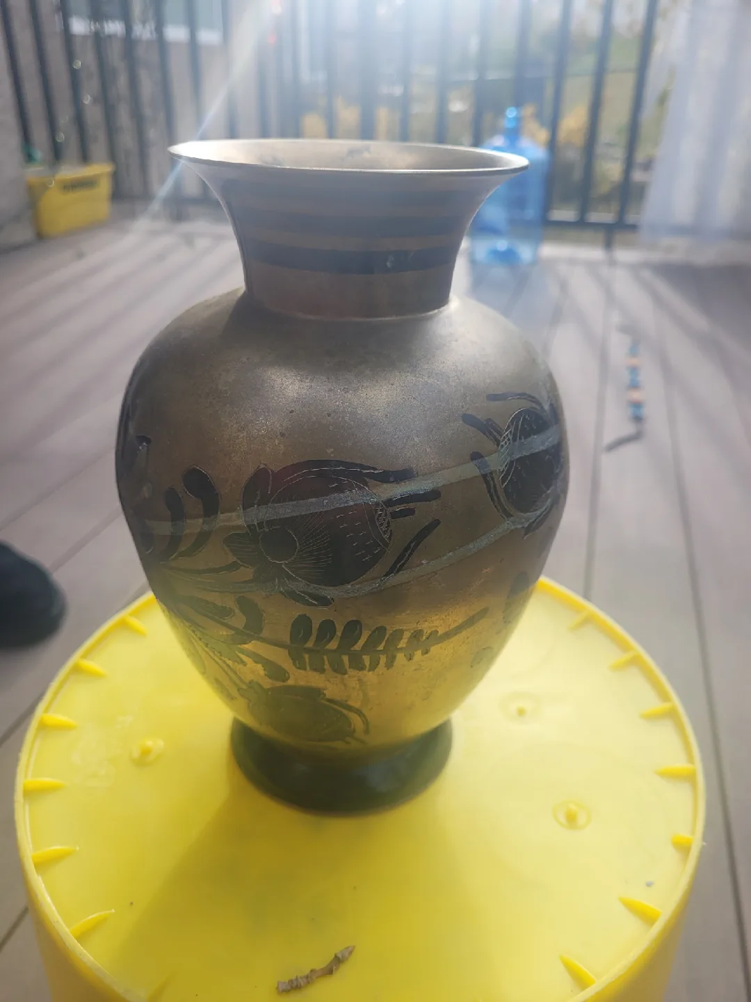 Vintage Brass Vase with Floral Design image indicator(2)