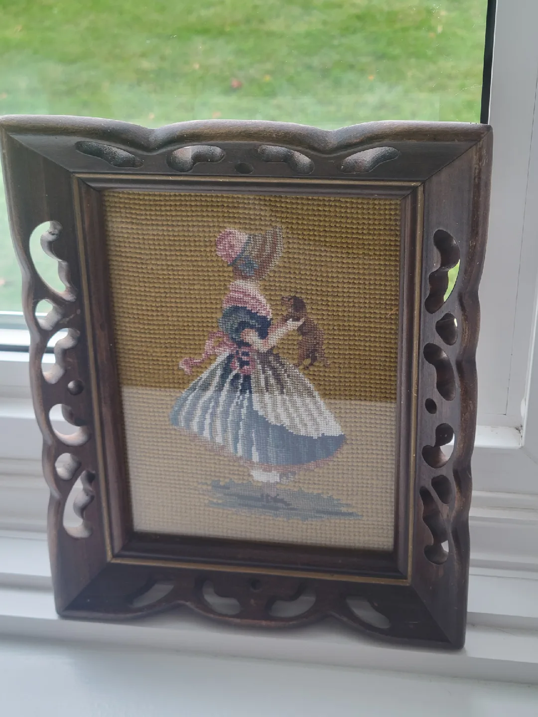 Vintage Framed Needlepoint Art. dogs. wood frame image indicator(3)