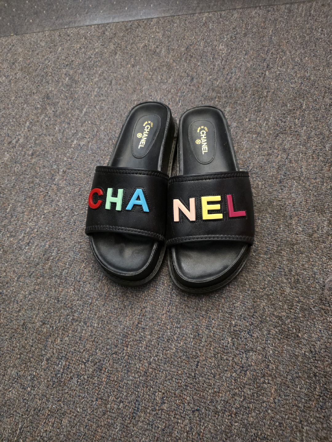 Chanel Black Leather Slides Sandals