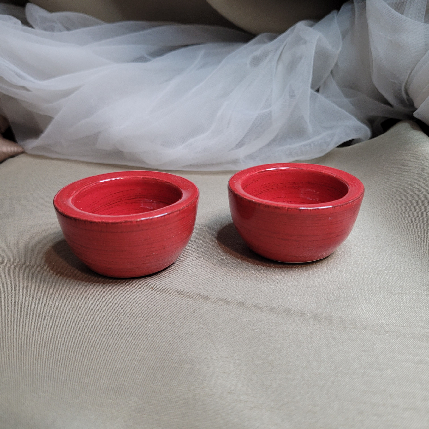 Pair of Little Red Ceramic Tealight Candle Holders Trinket...