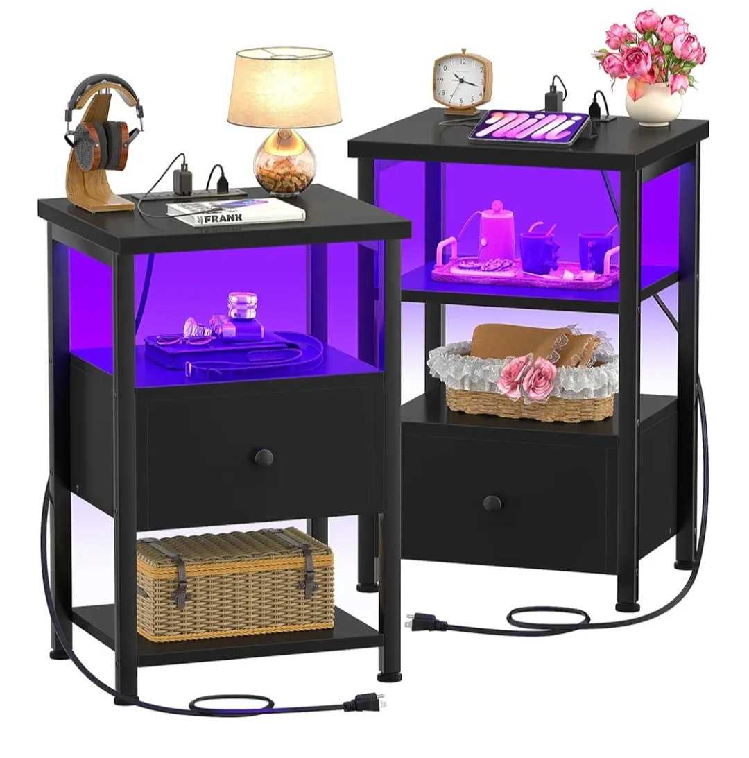 Black Nightstand with LED and USB Ports image indicator(4)