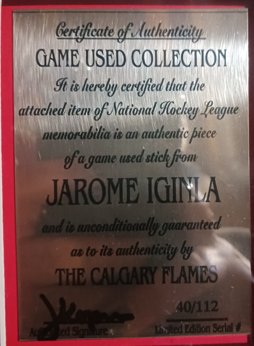 Jarome Iginla Game Used Stick Framed - photo 3