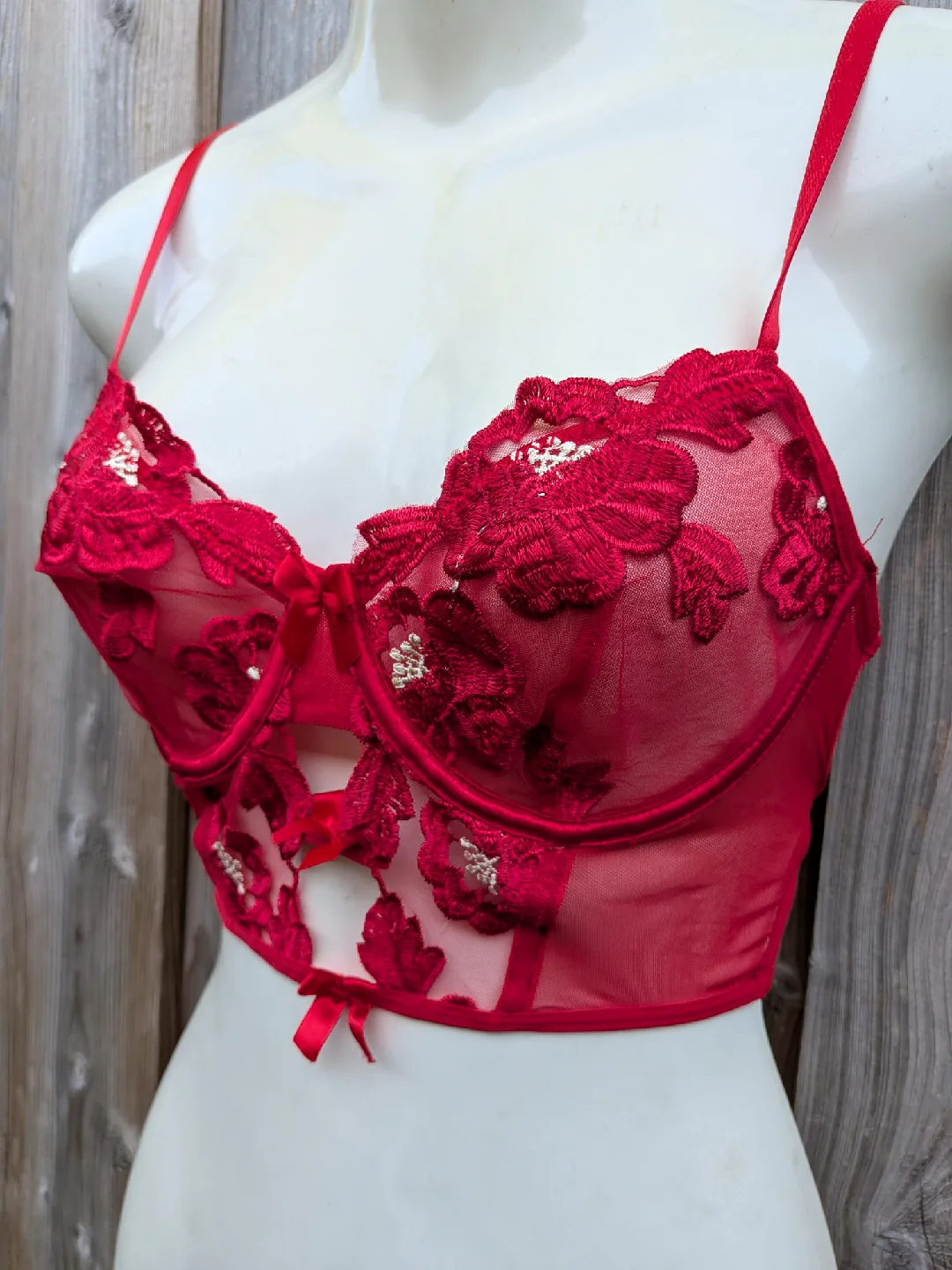 Red Floral Lace Bustier Bra - Medium, Small cup size thumbnail