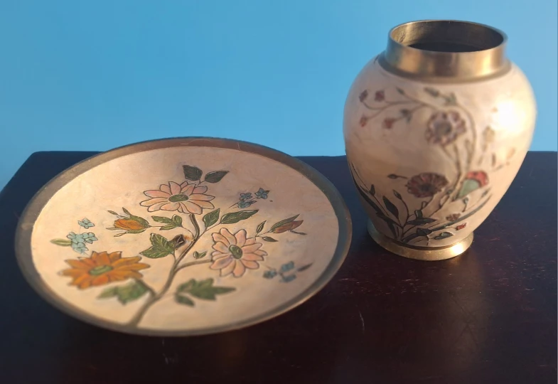 Vintage Brass with enamel  Floral Vase and Plate Set - photo 2