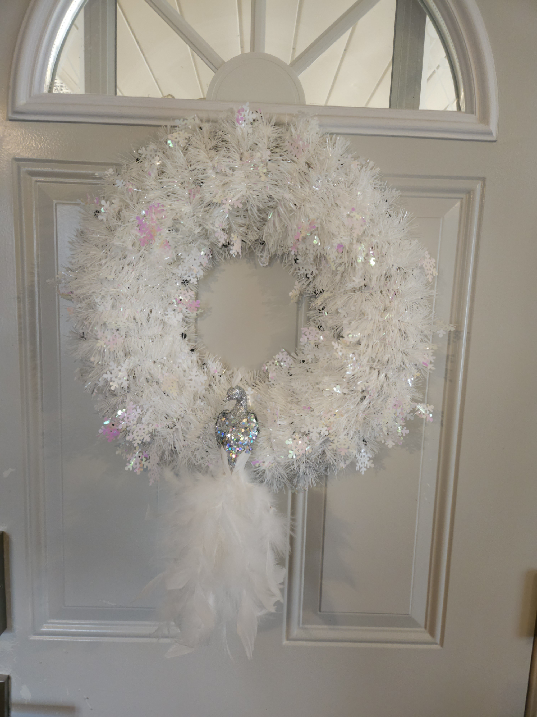White Christmas Wreath with Peacock Ornament