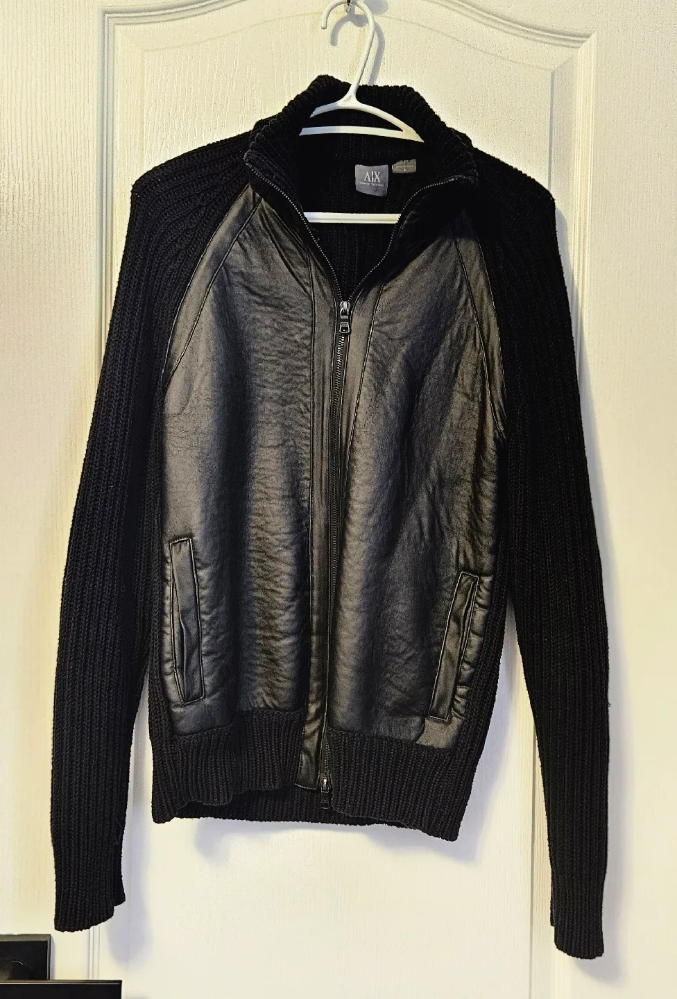 Armani Exchange Black Faux Leather & Knit Cardigan thumbnail