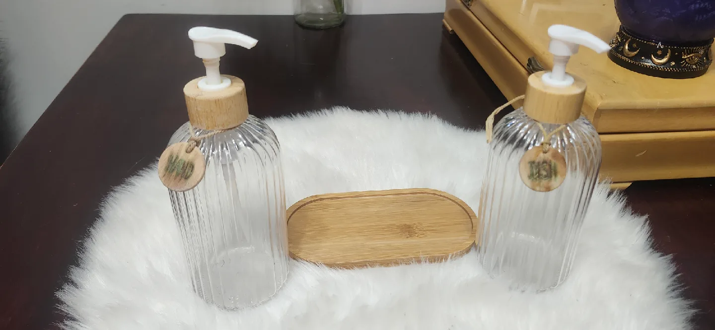 Glass Soap Dispensers with Bamboo Tray image indicator(2)