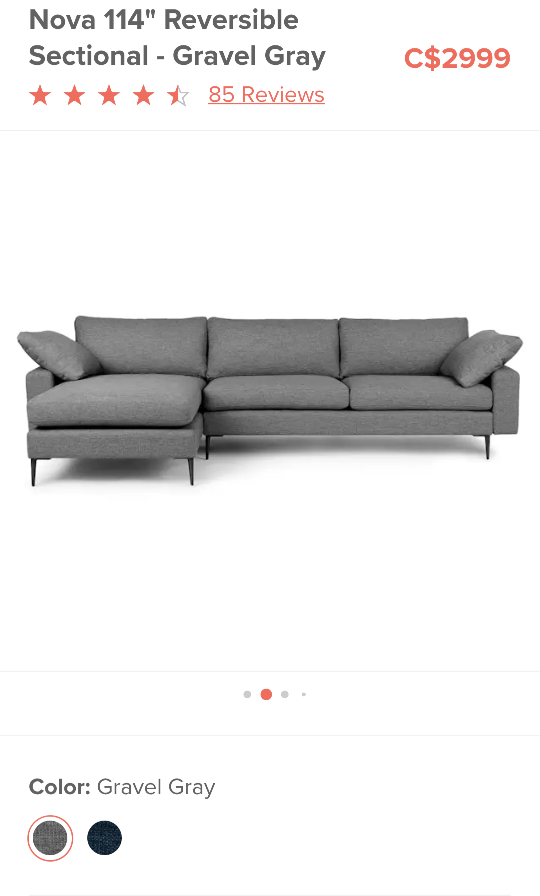 NEW Nova 114" Reversible Sectional - Gravel Gray