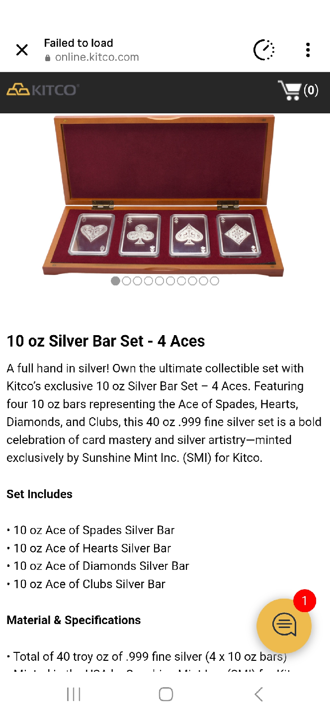 Kitco 10 oz Silver Bar Set - 4 Aces for sale