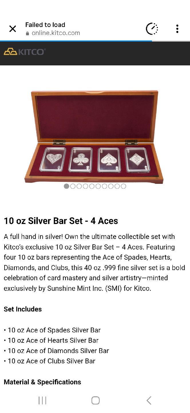 Kitco 10 oz Silver Bar Set - 4 Aces for sale - photo 2