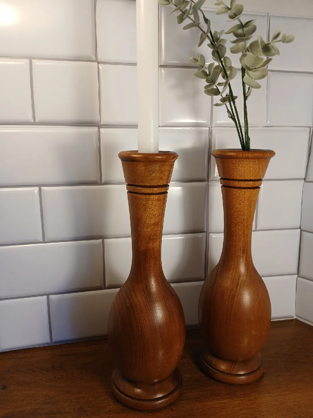 MCM Myrtlewood Bud Vases or Candle Holders thumbnail