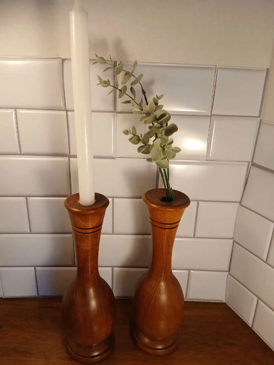 MCM Myrtlewood Bud Vases or Candle Holder Pair $22 image indicator(4)
