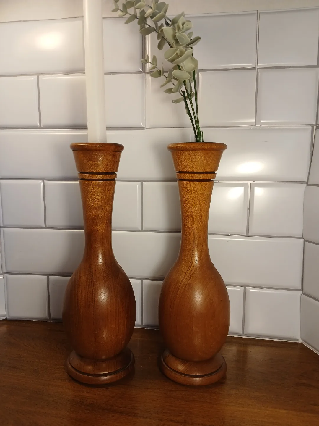 MCM Myrtlewood Bud Vases or Candle Holder Pair $22 image indicator(5)