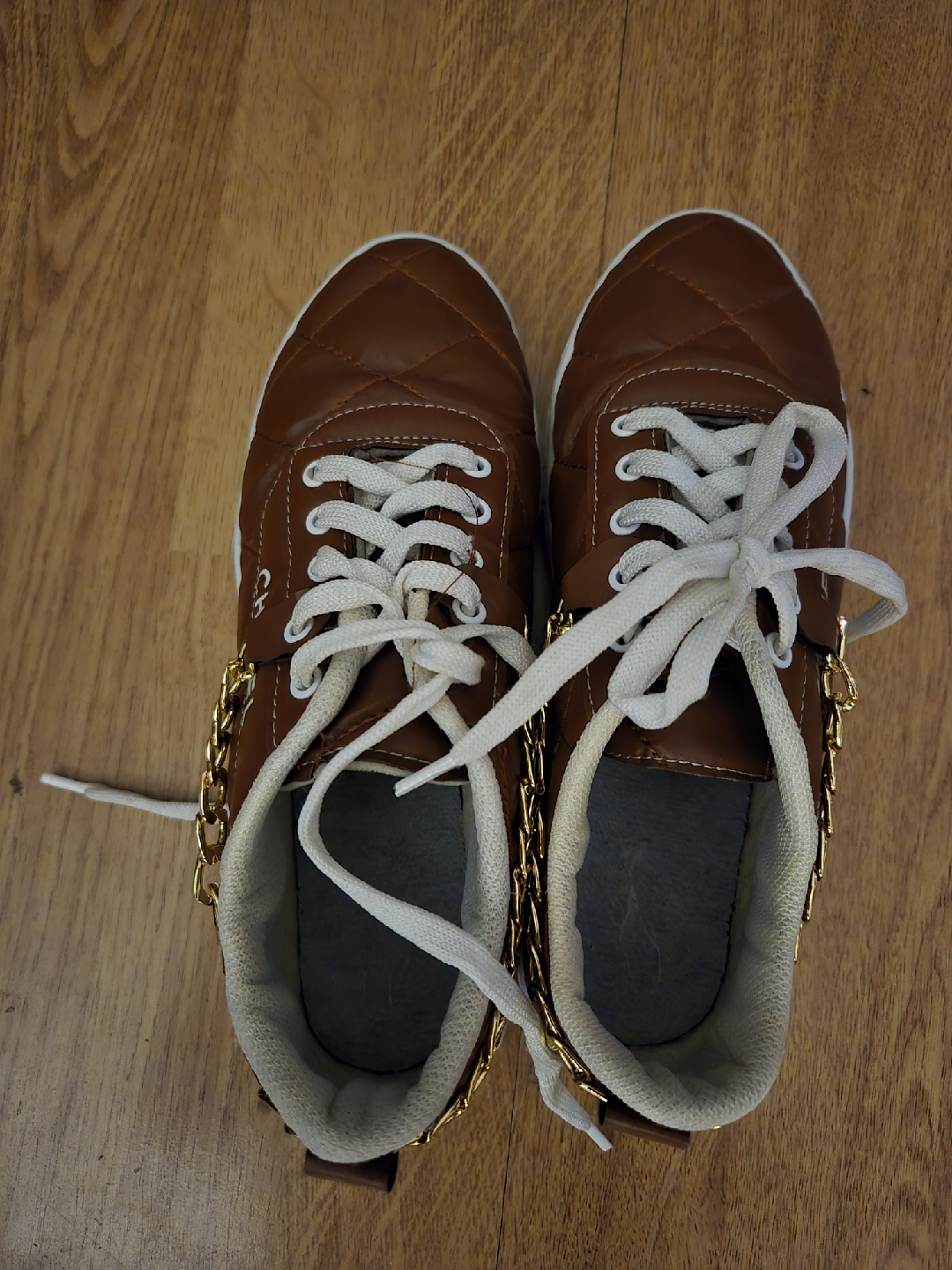 Brown Quilted Sneakers with Gold Chain Detail