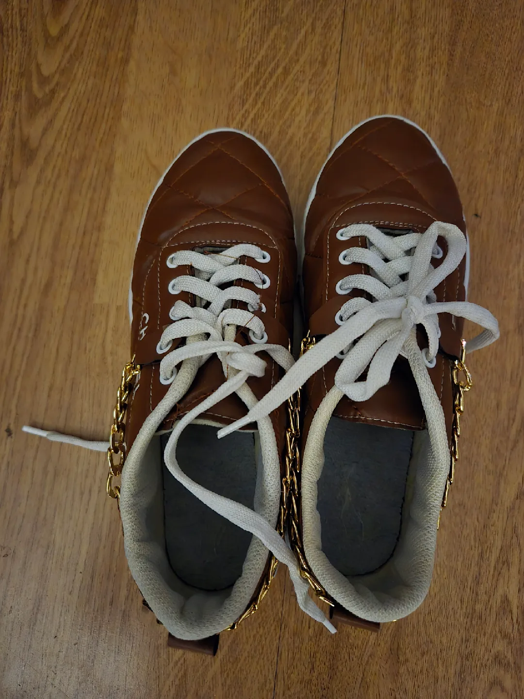 Brown Quilted Sneakers with Gold Chain Detail thumbnail