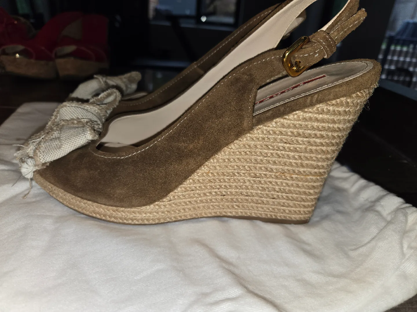 Prada Brown Suede Wedge Slingback Heels image indicator(5)