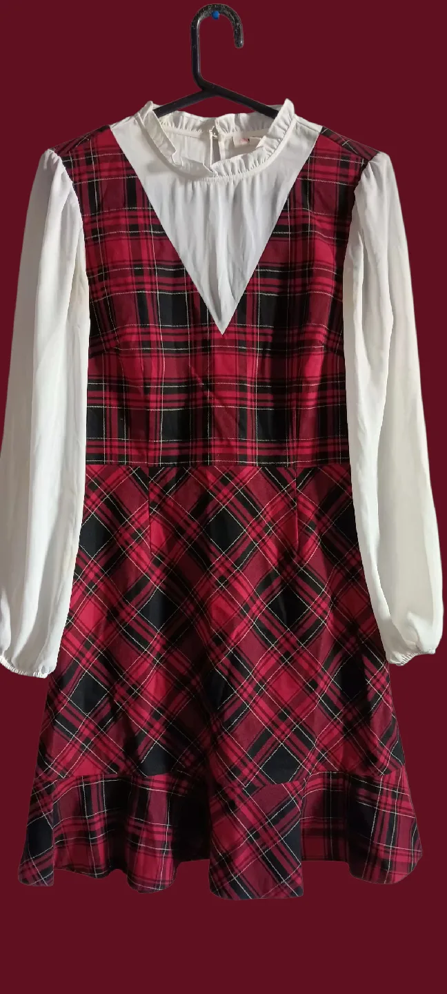 Red Plaid Dress with White Collar