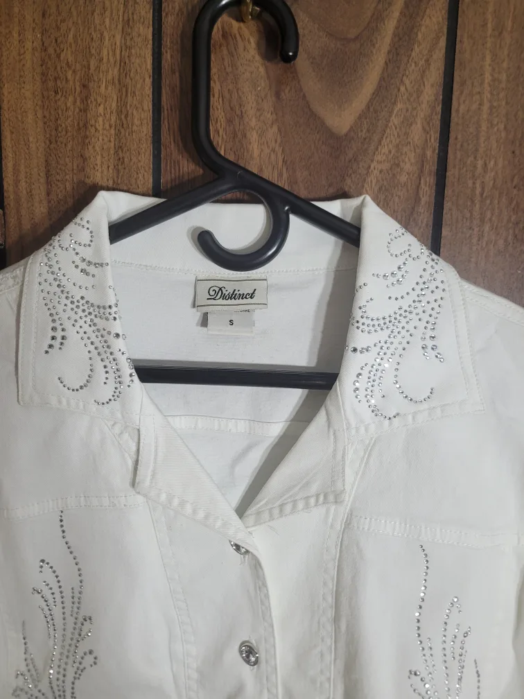 Distinct White Embellished Denim Jacket - Size S image indicator(3)