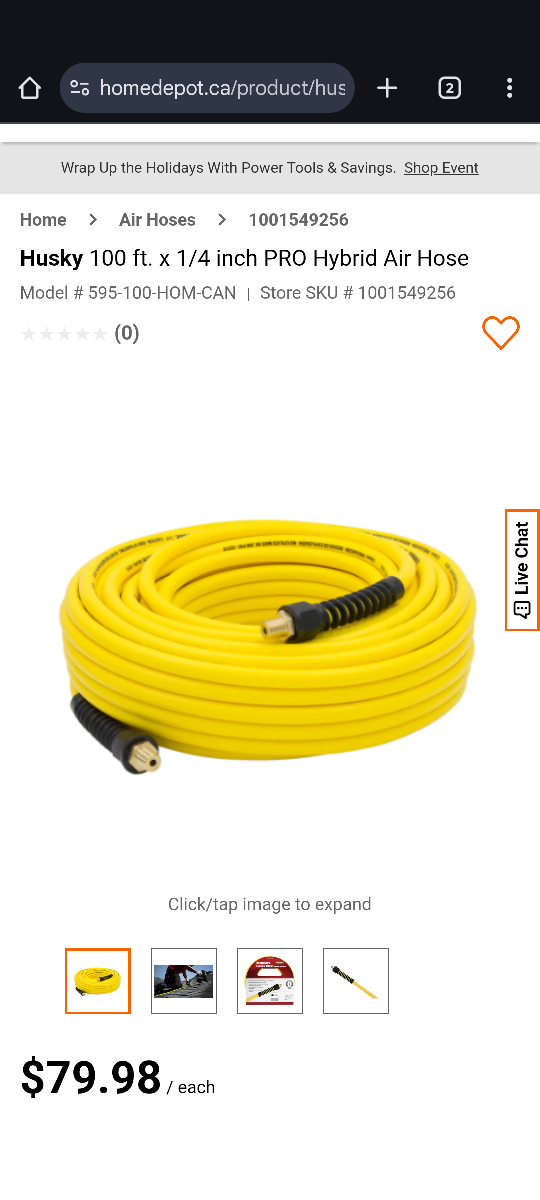 Husky 100 ft. x 1/4 inch PRO Hybrid Air Hose