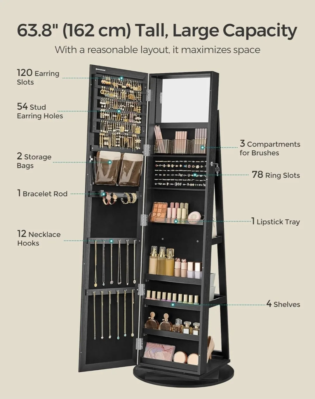 Black Jewelry Cabinet Armoire with Mirror image indicator(4)