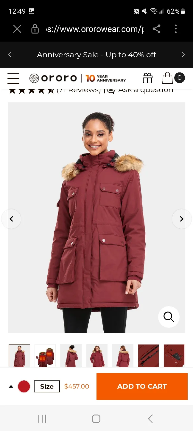 ORORO Heated Parka - Burgundy - Size M image indicator(3)